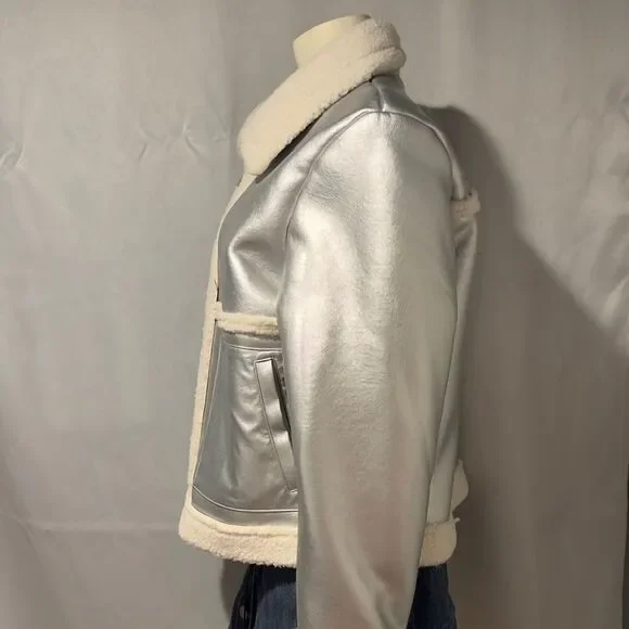 Silver Bomber Jacket Shearling Aviator Coat Steampunk Glam Rock Large - Picture 2 of 5